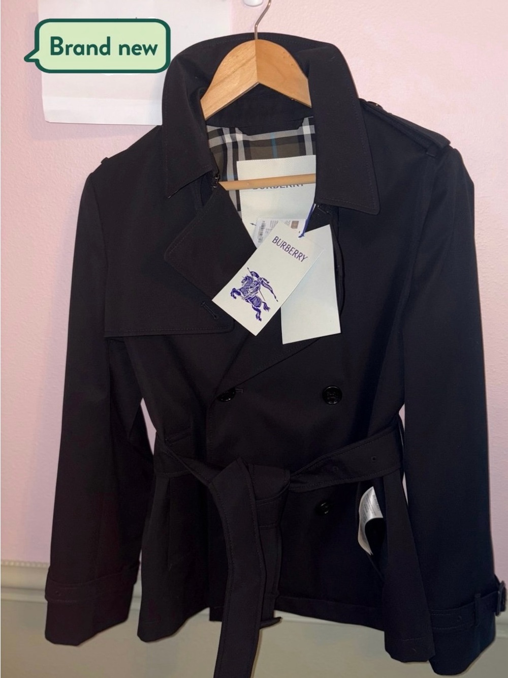 Women’s Burberry Black Short Double-Breasted Belted Trench Coat size 42EU/08US
